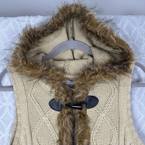 Y2K Hooded Sweater Vest Womens Small Tan Faux Fur Trim Toggle Chunky Penny Lane - Picture 3 of 11